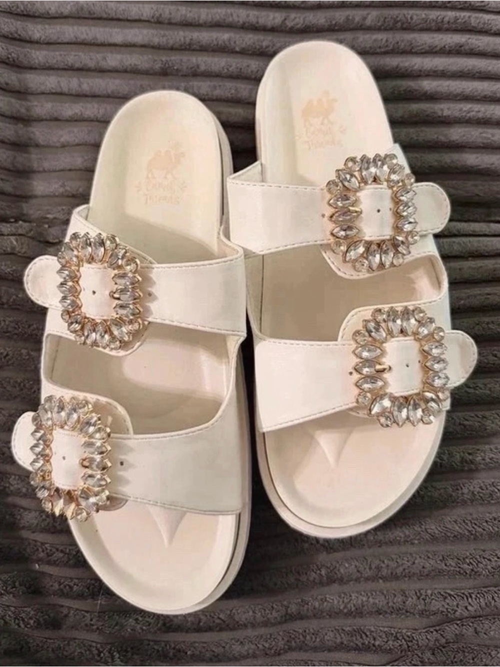 Bejeweled White Slide Sandals with Decorative Buckles - Women